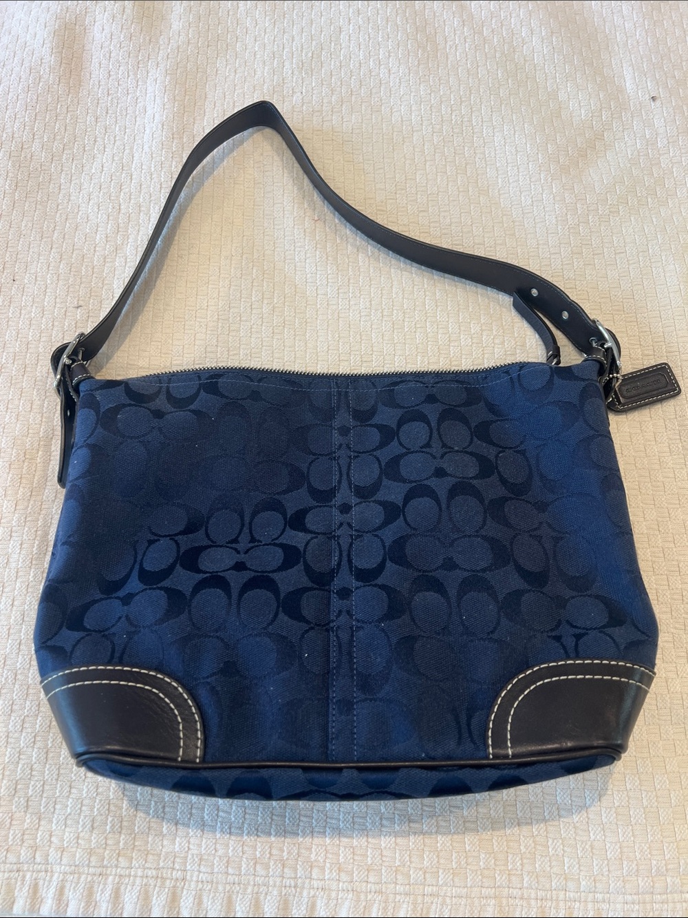 Coach Navy Jacquard Signature Shoulder Bag with Black Trim